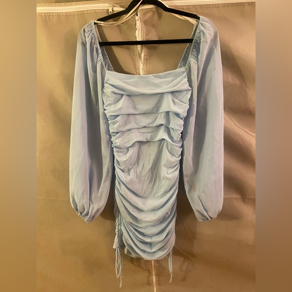 Hello Molly Blue Long Sleeve Ruched Mesh Square Neck Bodycon Dress